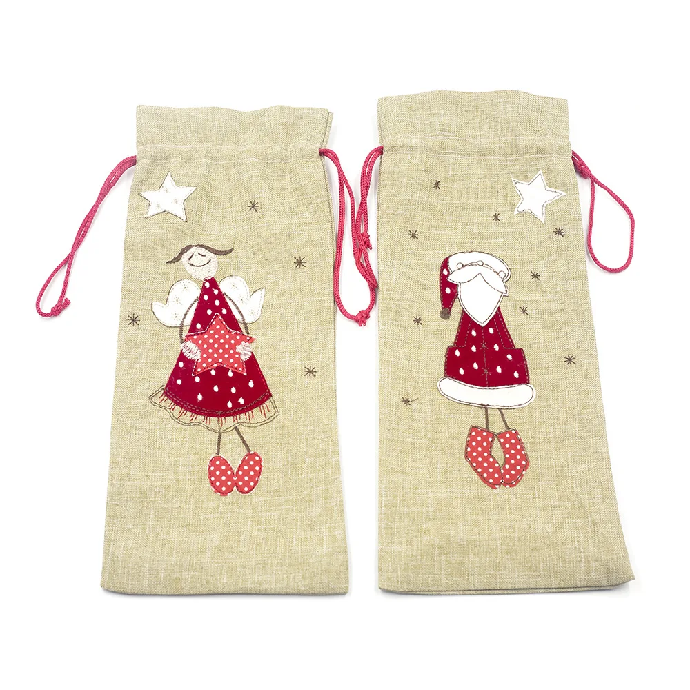 Christmas Decorations for Home Burlap Embroidery Angel Old Man Wine Bottle Cover Set Christmas Gift Bag Santa Sack Xmas Decors