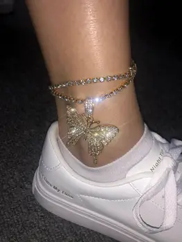 

2020 New Fashion Gold Big Butterfly Tennis Anklet Rhinestone Jewelry for Women Crystal Butterfly Pendant Anklet Beach Foot Chain