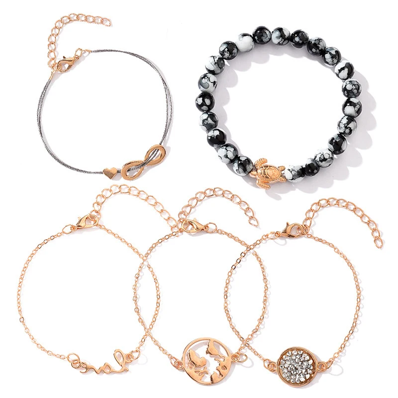5 PCS/Set World Map Tortoise Bead Charm Bracelets for Women Mental Heart Bracelet&ampBangle Hand Accessories Party Jewelry c005 | Украшения