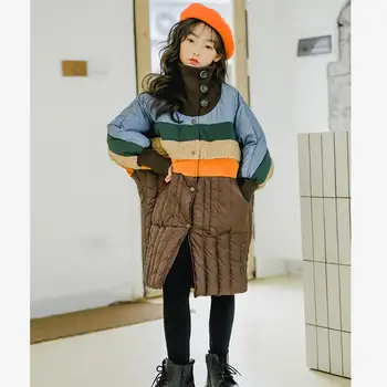 

Winter fashion Children down jacket over the knee longer duck down coat hit color oversize stitching warm down jacket Y2259