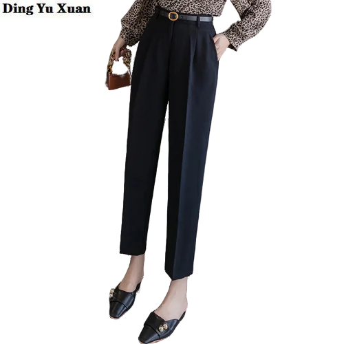 

Office Ladies Work Wear Loose Fit Harem Suit Pants Solid Black White Blue Women High Waist Formal Straight Trousers for Women