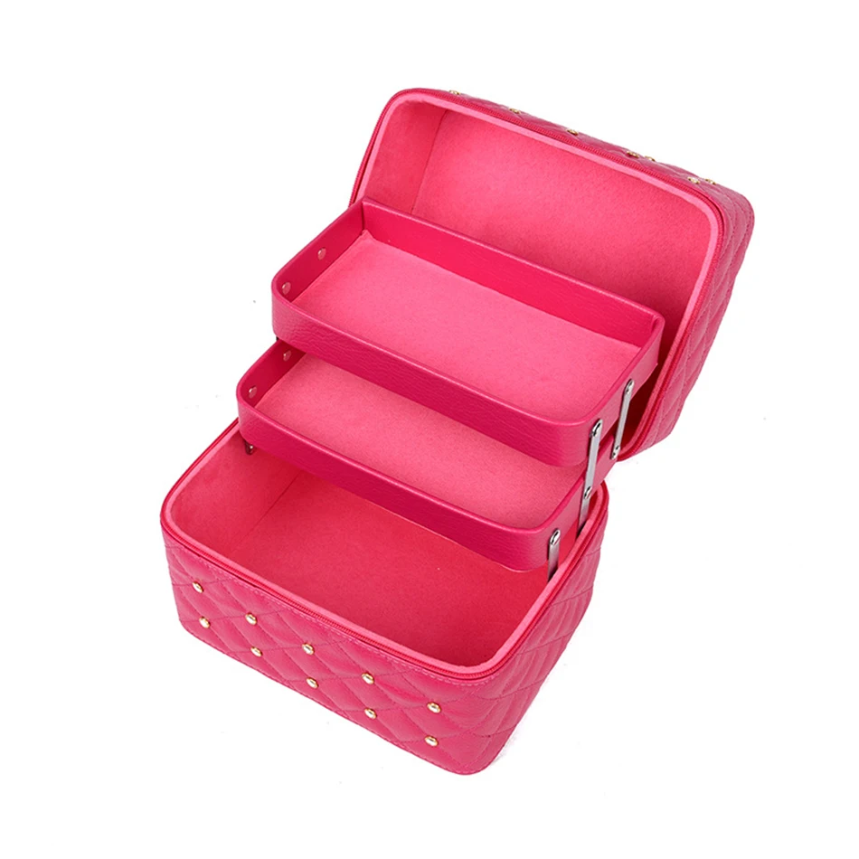 Cosmetic Bag Women PU Leather Rhinestone Makeup Bags Travel Organizer Fashion Style Capacity 3Layers Cosmetic Trunk Box Portable