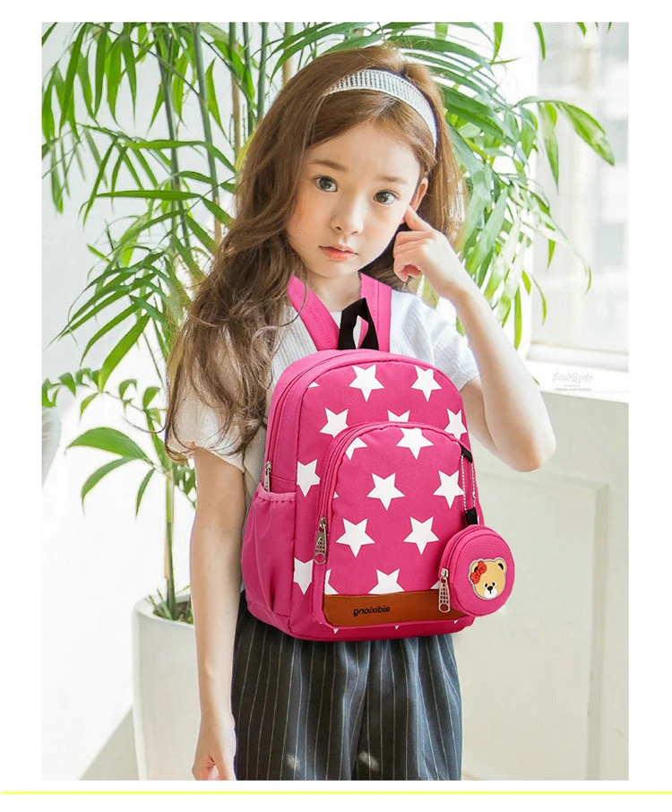Durable Canvas Primary School Bag Stars Pattern Pink Navy Large Capacity Backpack Kids School Bags
