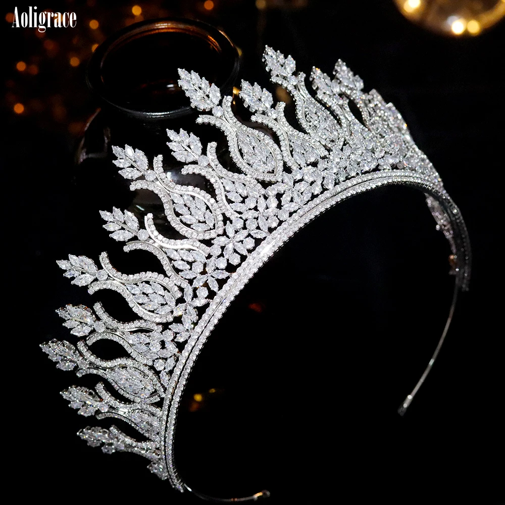 Luxury Big Cubic Zirconia Wedding Crowns Platinum Plated CZ Tall Tairas Unique Design Zircon Birthday Party Sweet 16 Headpieces