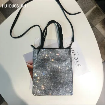 

Fashion quality Silver Satin Women Shoulder Bags Designer Chain Shiny Diamonds Female Crossbody Bags Flap Lady Purses Lady Totes