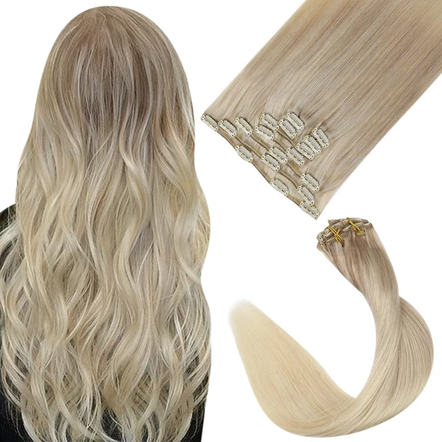 VeSunny Clip in Hair Extension Human Hair Ombre Blonde Remy Seamless Hair Extension Human Hair Brown Balayage Natural Human Hair 18-22-60