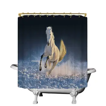 

Horse Decor Waterproof Shower Curtain,White Purebred Horse Galloping in Snow Land at Dreamy Sunset Decorative for Home