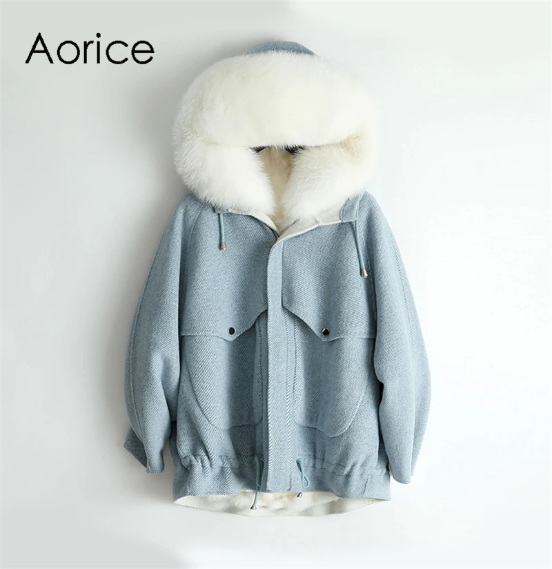 

Aorice ZY18954 Women real herringbone wool fabric coat lady Rex fur lining fox fur collar leisure Fall/Winter wool long outwear