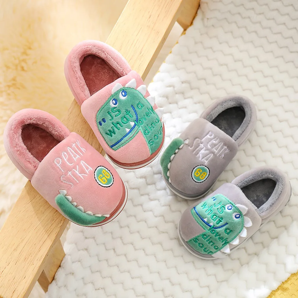 Children Kids slippers Girls Boys Indoor Dinosaur Cotton Home Slippers Flock Winter Warm Thickening Children Slippers Shoes