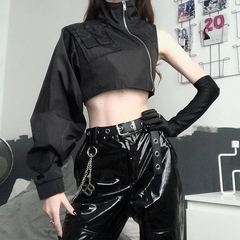 

2020 Autumn And Winter New Women's Fashion High Collar Solid Color One-shoulder Zipper Sweatshirt Female High Street En*