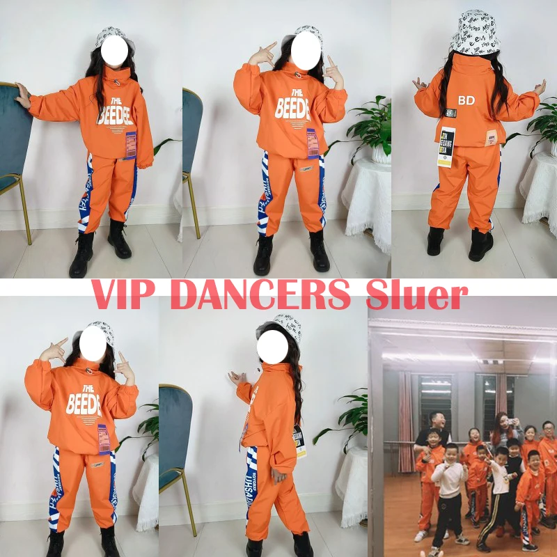 Children Hip Hop Dance Costumes Orange Jacket Hiphop Suit Girls