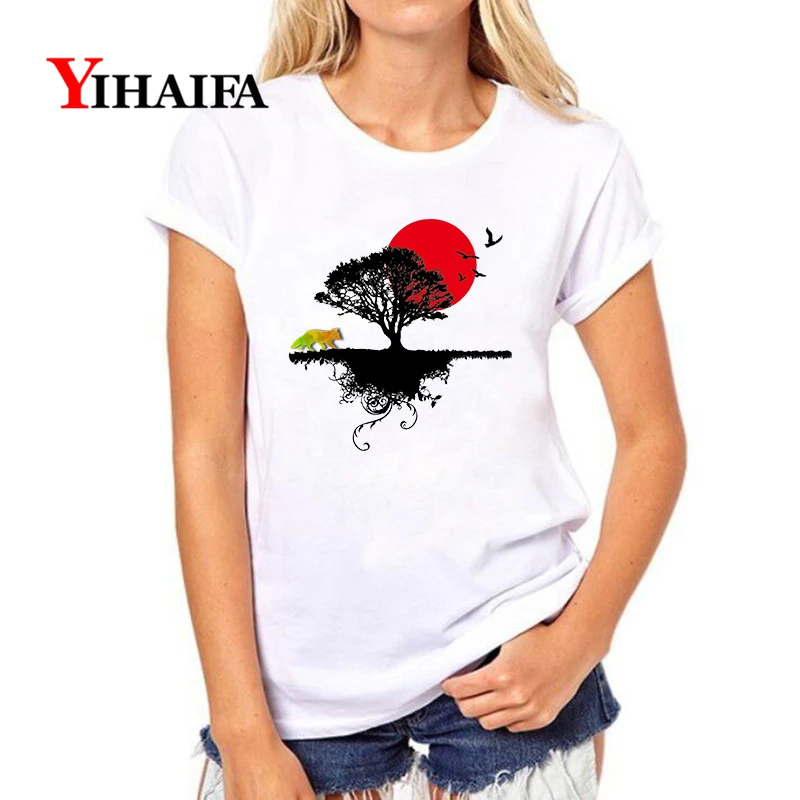 

YIHAIFA Summer Women T-shirt Tree Print Graphics Tee Fashion Female Casual White Shirts Pullover Tops