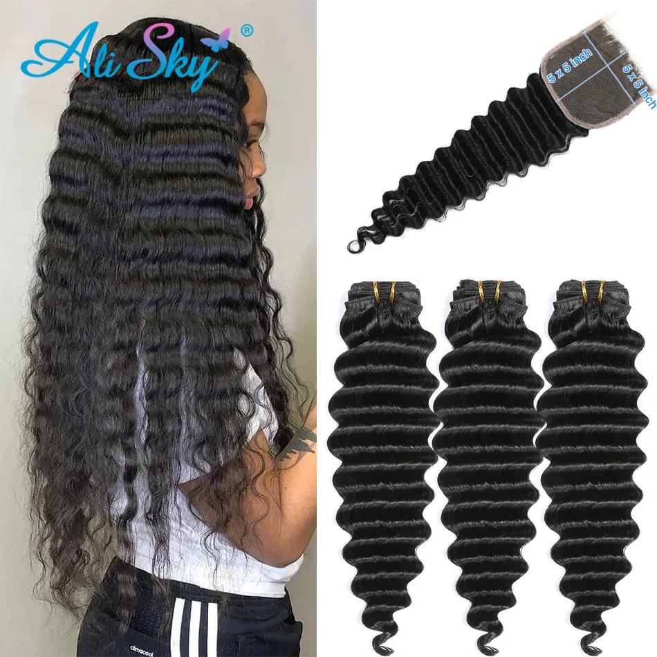 Alisky Peruvian Hair Deep Wave Human Bundles With Closure 5x5 Frontal with Extensions Remy Weave | Шиньоны и парики