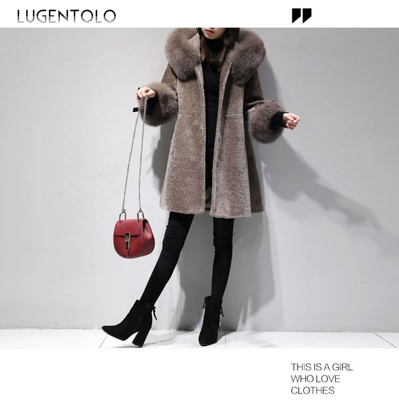 Lugentolo, искусственный мех, для женщин, длинный, зимний, свободный, меховая отделка, капюшон, однобортный, тонкий, толстый, теплый, плюс размер, однотонный, Повседневный, модный, корейский
