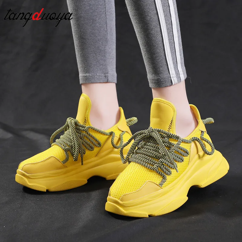 Желтые кроссовки на платформе; высокие массивные кроссовки; женская обувь на высоком каблуке; кроссовки на платформе; повседневная женская обувь; Цвет зеленый; chaussures femme - Цвет: yellow