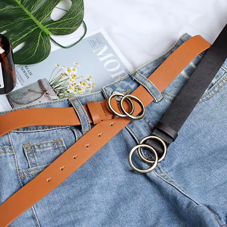 Double Ring Women Belt Fashion Waist Belt PU Leather Metal Buckle Heart Pin Belts For Ladies Leisure Dress Jeans Wild Waistband