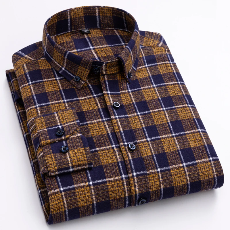 Мужская 100% хлопок с начесом и клетчатыми элементами рубашка Без карман