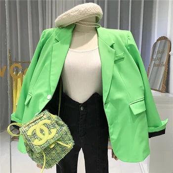 

2020 Fashion Blazers Women Solid Turn-down Collar High Street Top Spring Women's Clothing Green Jacket Female