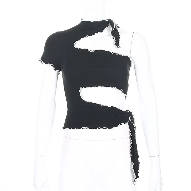 Iamhotty One Shoulder Hollow Out Bandage Croped Top Women Black Solid Patchwork Reverse Thread Sexy Tshirt Ladies Y2K Harajuku