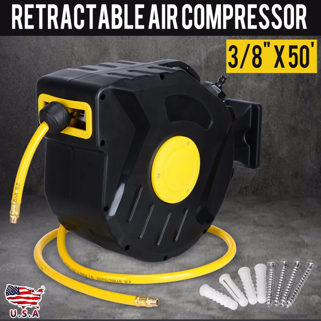 

Retractable Air Compressor Hose Reel 3/8" X 50'' Auto Rewind Garage Car Washing Tool PVC Garden Water Hose Reel Watering Tool