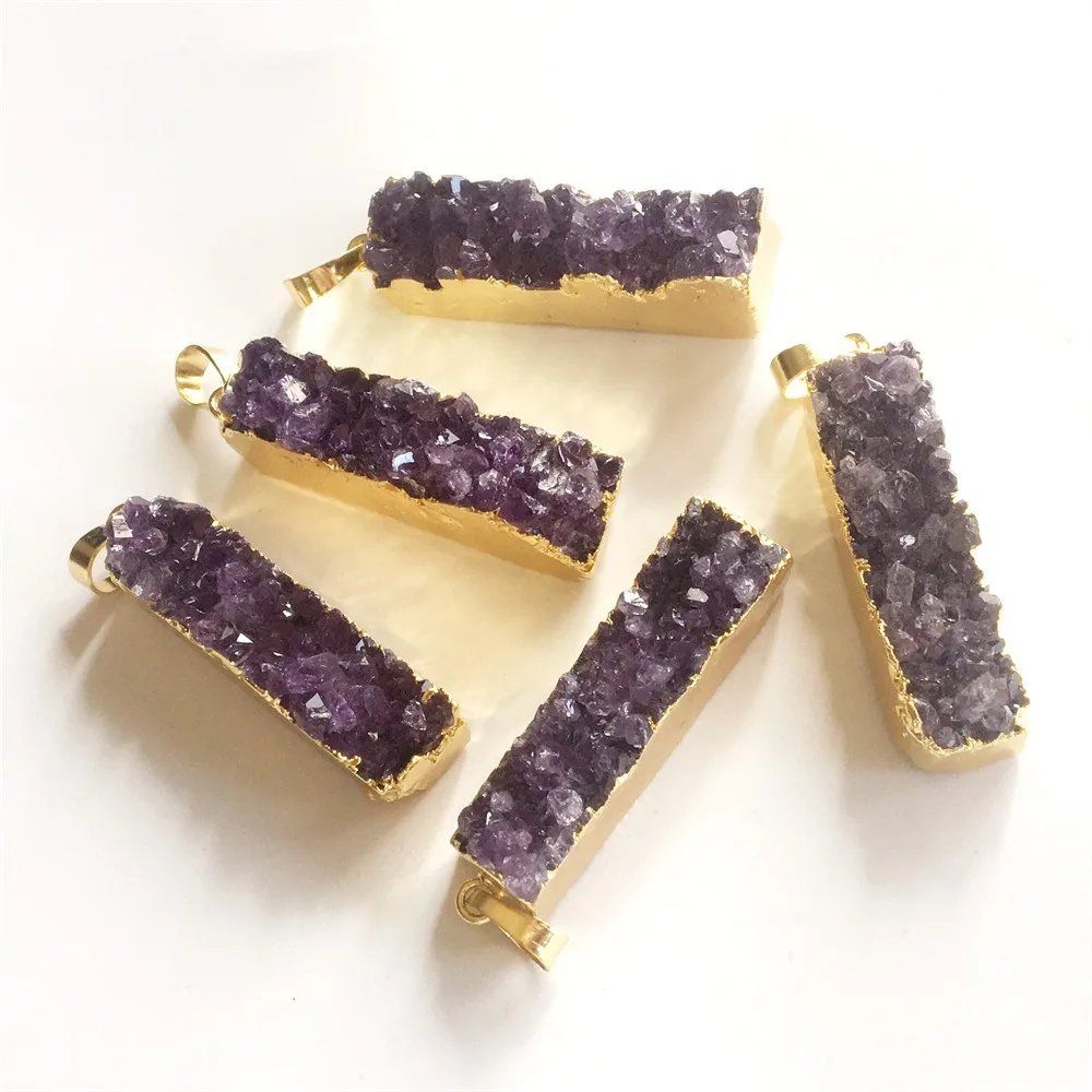 

FUWO Natural Amethysts Pendant,Gold Color Plated Rectangle Purple Crystal Jewelry For Women PD035 5Pieces/Lot