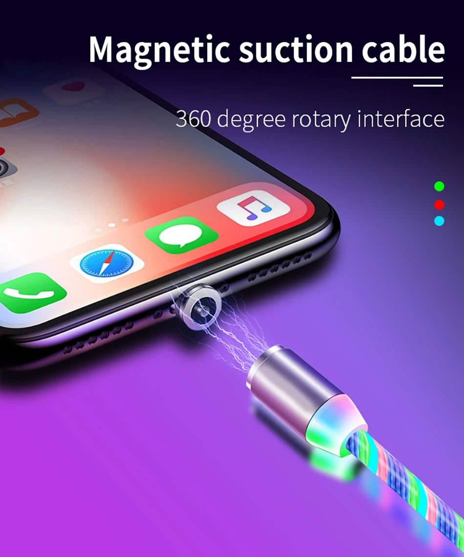 Светодиодный магнитный кабель 1 м usb type C шнур потока светящееся освещение провод передачи данных для iPhone samsung huawei Xiaomi Мобильный телефон микро кабель