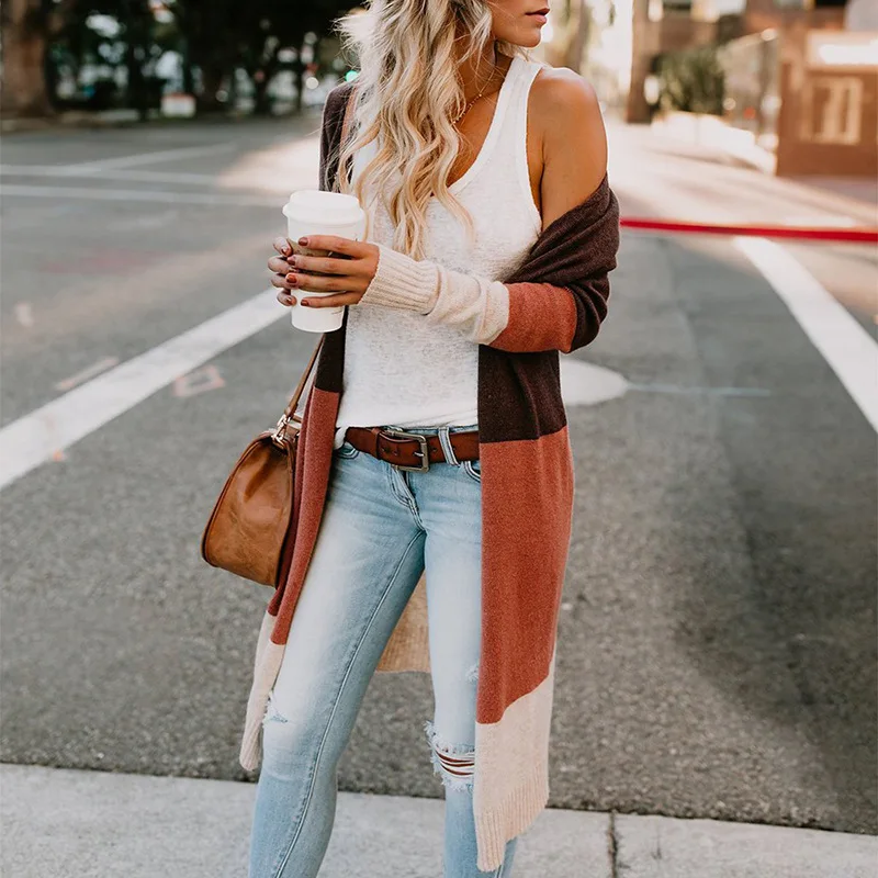 

Women's Patchwork Long Vneck Cardigan Sweater Winter Splicing Woman Sweters 2019 Fall Femme Kardigans Lady Tops Clothing