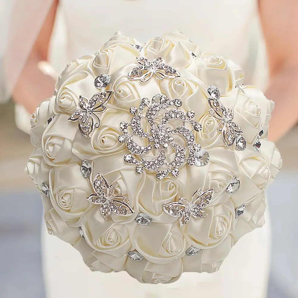 WifeLai-A Handmade Red Artificial Rose Flowers Rhinestone Bride Bridesmaid Bouquet Diamond Brooch Wedding Bouquet Flower W292