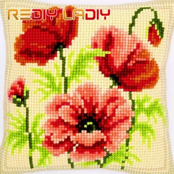 

Cross Stitch Cushion Wild Poppies Make Your Own Pillow DIY Chunky Cross Stitch Kits Pre-Printed Canvas Acrylic Yarn Pillow Case