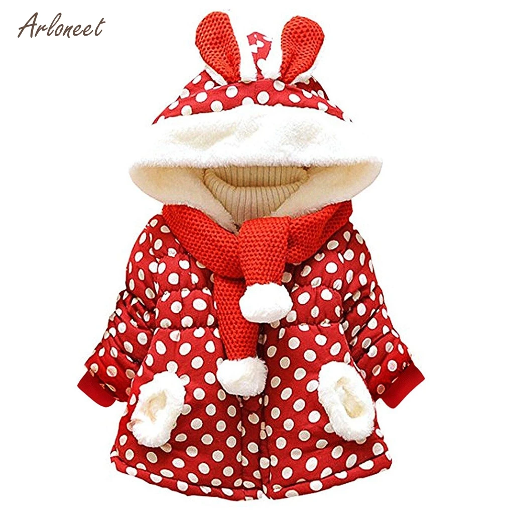 

ARLONEET 2019 Winter Toddler Baby girls Warm Hooded Coat Cute Rabbit Ears Hooded Polka Dot Winter Warm Coat Jackets Outerwear