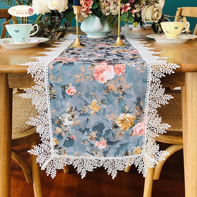 

Proud Rose Pastoral Style Lace Table Runner Table Cloth Rectangle TV Cabinet Cover Towel Table Flag Home Decoration