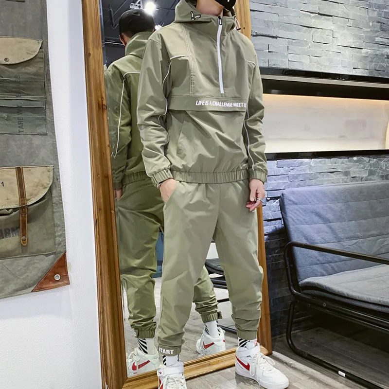 Korean Hip Hop Tracksuit Men Hooded Pocket Loose Green Casual Jacket Men Long Sleeve Street Mens Clothes Set Large Size B60 Korean Hip Hop Tracksuit Men Hooded Pocket Loose Green Casual Jacket Men Long Sleeve Street Mens Clothes Set Large Size B60