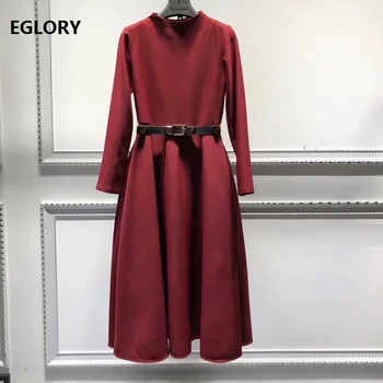

Elegant Work Dress 2019 Autumn Winter Business Women Stand Neck Golden Buckle Belt Patchwork Long Sleeve Green Wine Red Dress OL