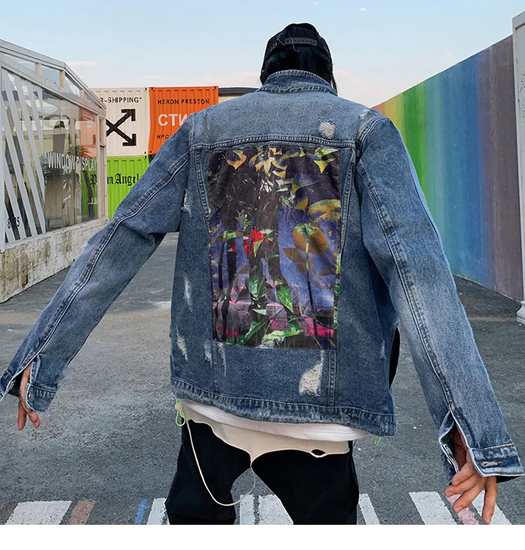 Мужская джинсовая куртка в стиле хип-хоп с рваными дырками, винтажная куртка, джинсы с вышитыми листами и буквами, уличная джинсовая куртка с потертостями