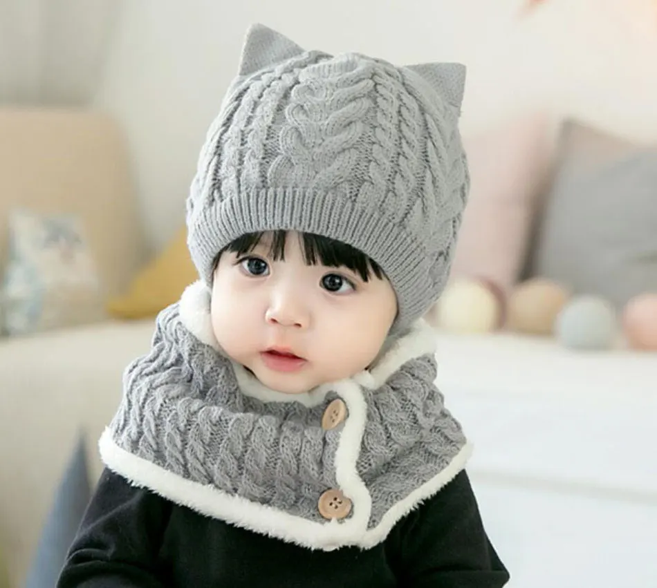 Winter Baby Girl Hat And Scarf Set For Children Boys Kids Thick Cable Knit Ear Beanie Cap Button Scarves Warm Wear 2 Pcs Suit