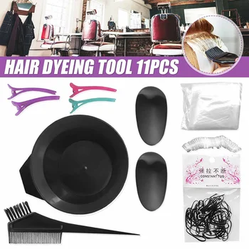 

11PCS Hair Dye Coloring DIY Beauty Salon Tool Kit Hair Dye Brush Twin Comb Mixing Bowl Earmuffs Shawl Disposable Gloves Clips