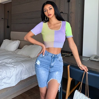 

DEAT 2020 new summer fashion women clothing square collar half sleeves contrast colors pullover short T-shirt WL90814