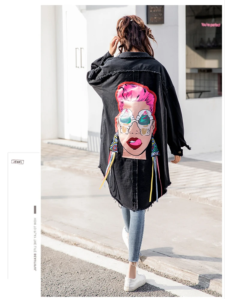 Boyfriend Casual Denim Jacket Woman Loose Coat Vintage Pattern Korea Print Windbreaker Chaqueta Mujer Harajuku Befree Vadim