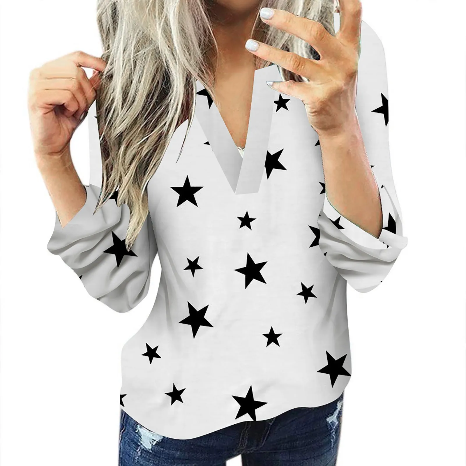 Women Star Print Shirts Casual Cotton Long Sleeve Star Shirt Women's Slim Elegant Shirt Top Blouses Sexy V-neck Blouses рубашка women's shirts & tops