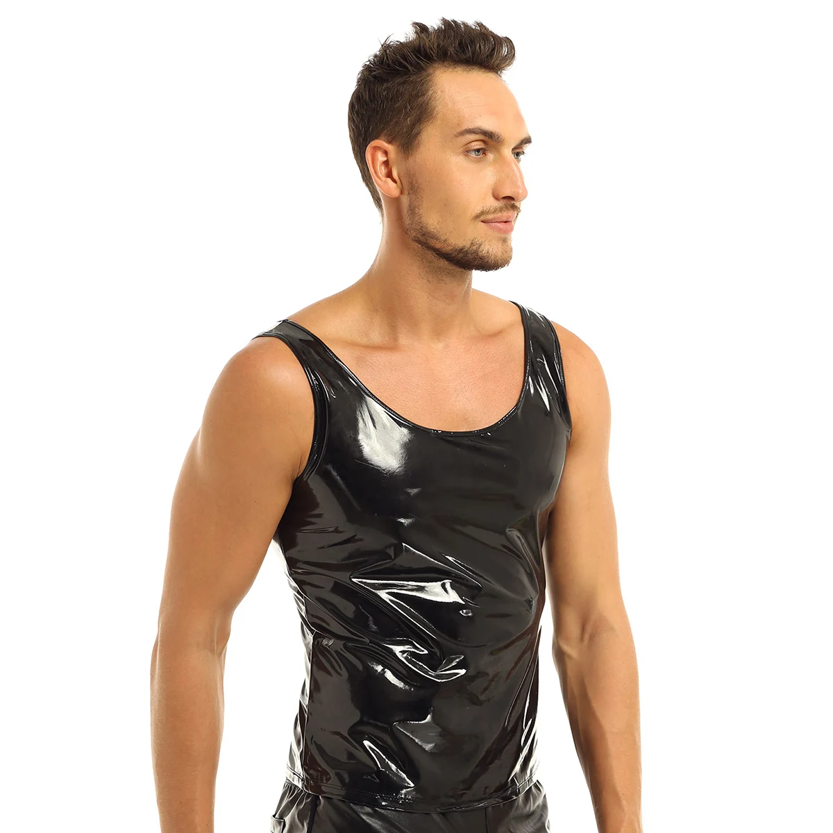 Мужская мода Wetlook из искусственной кожи без рукавов майка жилет Клубная одежда облегающий кроп-Топ сценический костюм укороченный топ для повседневной носки