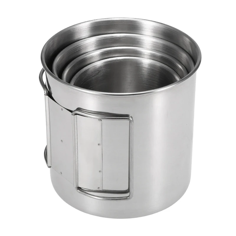 ABZB-4Pcs Outdoor Portable Stainless Steel Cups Set Tableware Pot Water Cup Beer Cup with Foldable Handles for Camping Picnic Hi