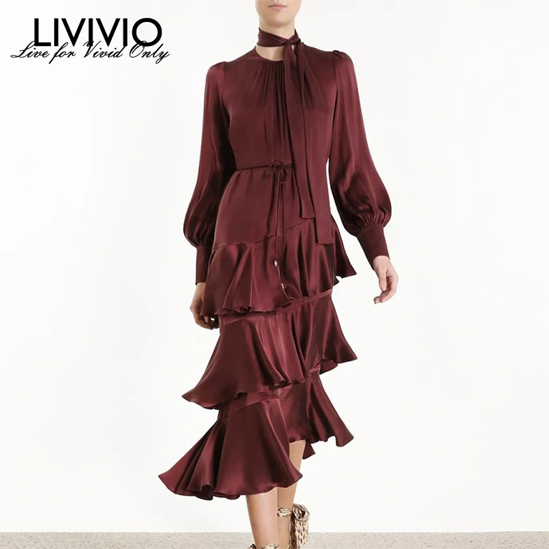 [LIVIVIO] асимметричное платье с оборками для женщин круглым вырезом фонариком