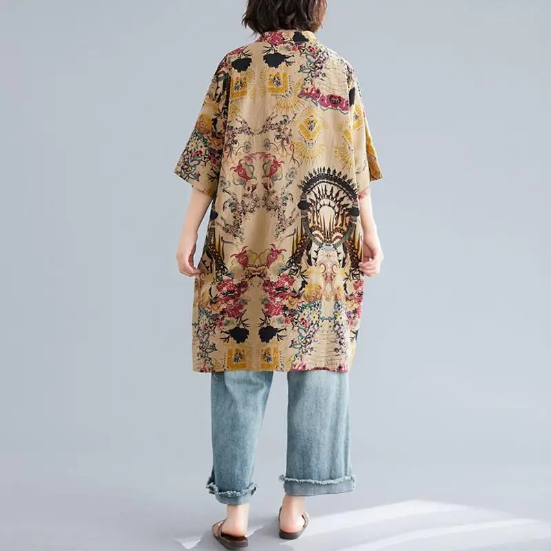 Длинная блузка из хлопка и льна размера плюс, платье-рубашка, летнее женское винтажное платье с принтом, женские рубашки, кимоно, кардиган, новинка, весна, 5XL