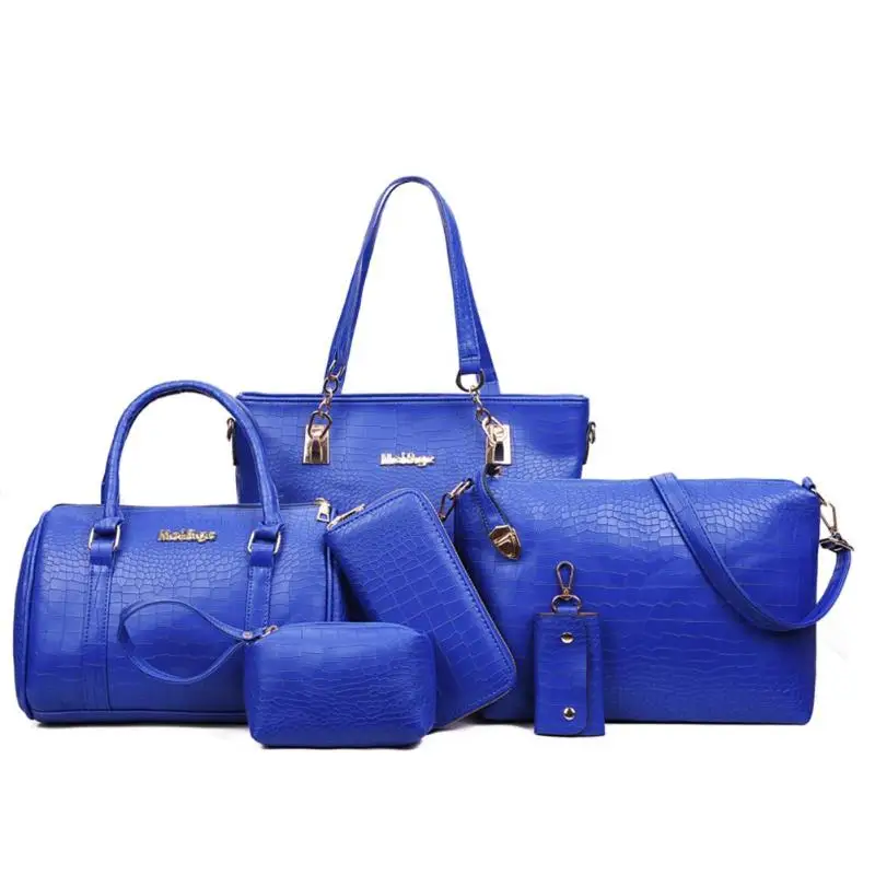 Female Fashion Retro 6pcs/set Solid Color Crack Shoulder Handbags Clutch Lady PU Leather Casual Messenger Bags Women Card Bags - Цвет: Dark Blue