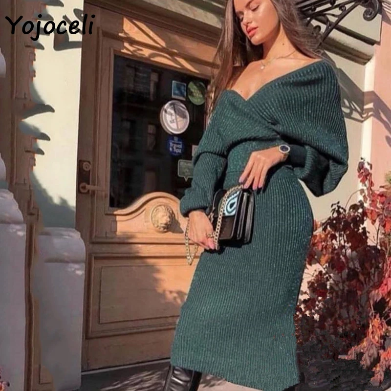 Yojoceli осеннее зимнее трикотажное платье из двух частей женское повседневное облегающее платье с открытыми плечами