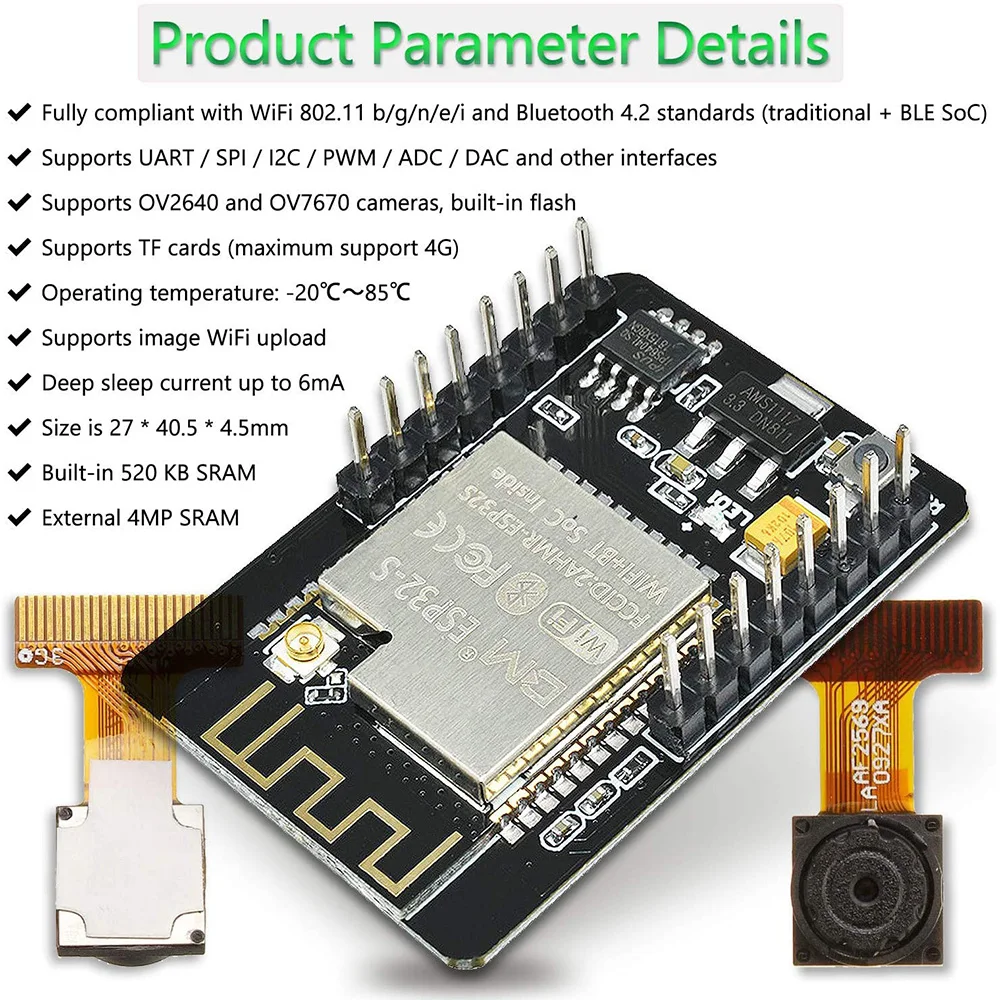 Módulo de Câmera Gêmeo Ov2640 Placa para Câmera de 2mp sem Fio Wi-fi Bluetooth Slot para Cartão tf para Arduino Raspberry pi Quadro demonstração - Imagem 2