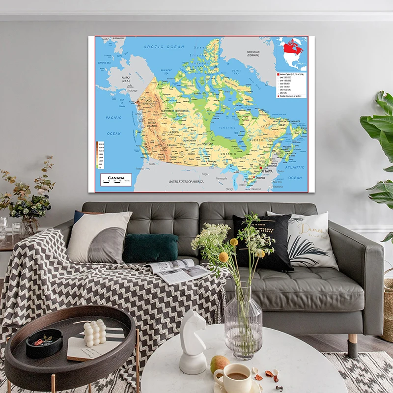 La carte topographique du Canada en français, affiches et impressions sans cadre, art mural non tissé pour la maison, décoration de salon, 150x100cm