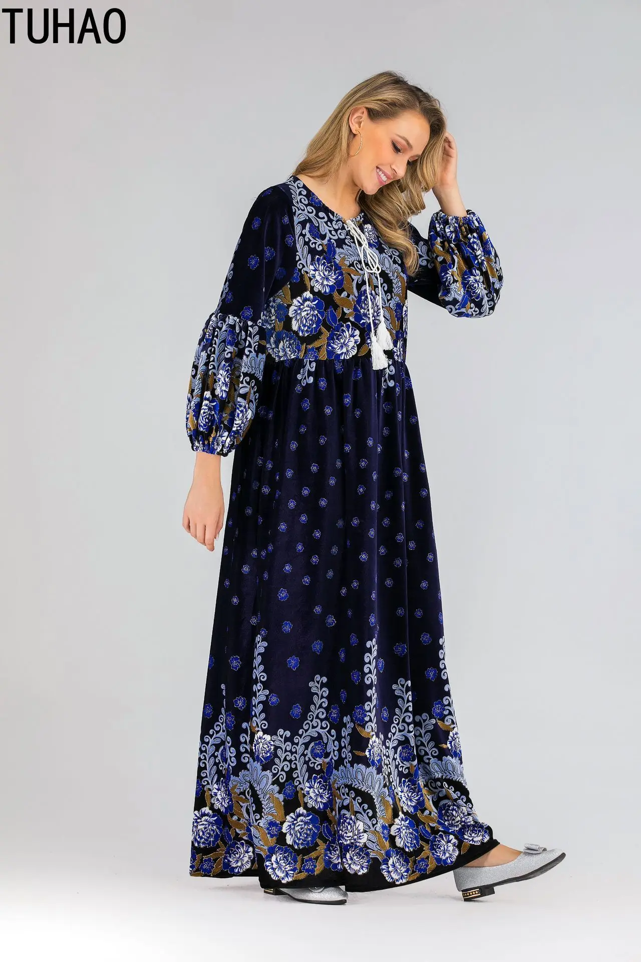 TUHAO, осенне-зимнее женское платье, вельветовое, размера плюс, 3XL, 2XL, с принтом, с длинным рукавом, мусульманские платья, бархатное, Бинг, Свинг, Ретро стиль, женское платье, WM12