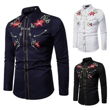 Men's Shirts Western Denim Flower Embroidered Slim Casual Long Sleeve Buttoned Shirt Men's National Wind Embroidered Shirt S-2XL