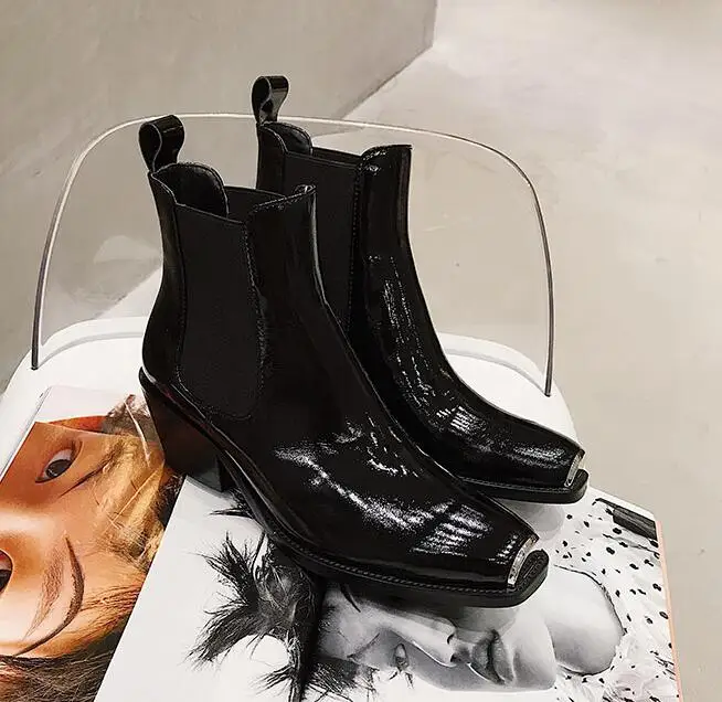 Черный Buono Scarpe/женские ботинки «Челси»; ботильоны из натуральной кожи; короткие ботинки с квадратным металлическим носком; botas Mujer; ботинки на массивном каблуке с эластичной лентой - Цвет: Черный